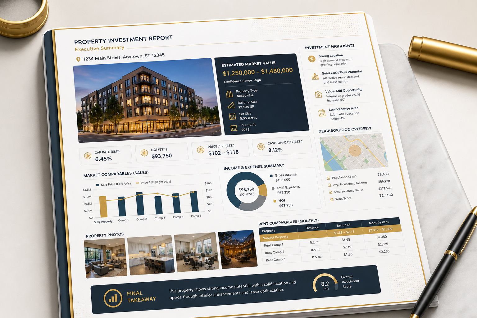 Premium real estate report preview with charts and valuation graphs